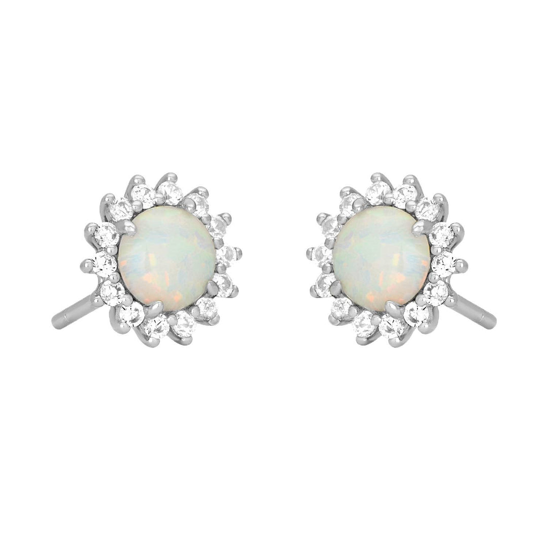 silver opal stud earrings with cubic zirconia halo detail