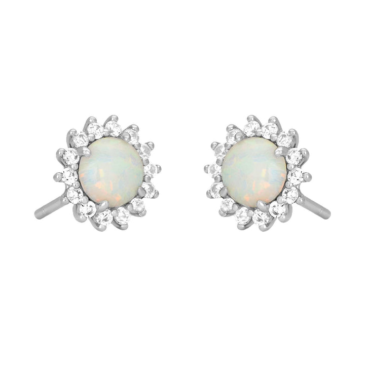 silver opal stud earrings with cubic zirconia halo detail