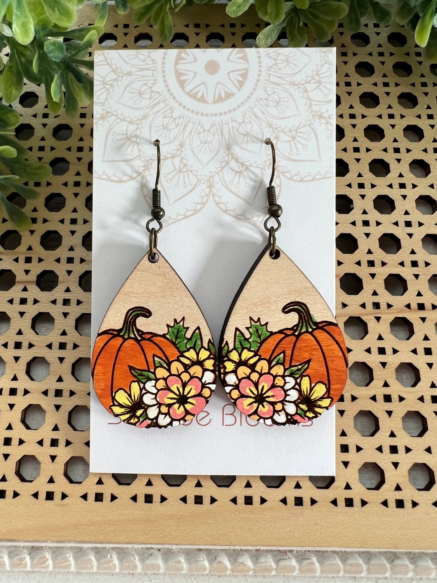 Wooden Earrings - Floral Pumpkin