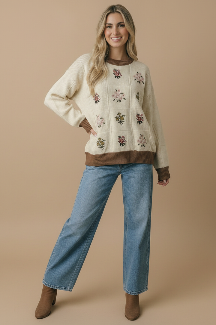 Round Neck Floral Embroidery Sweater Knit Top