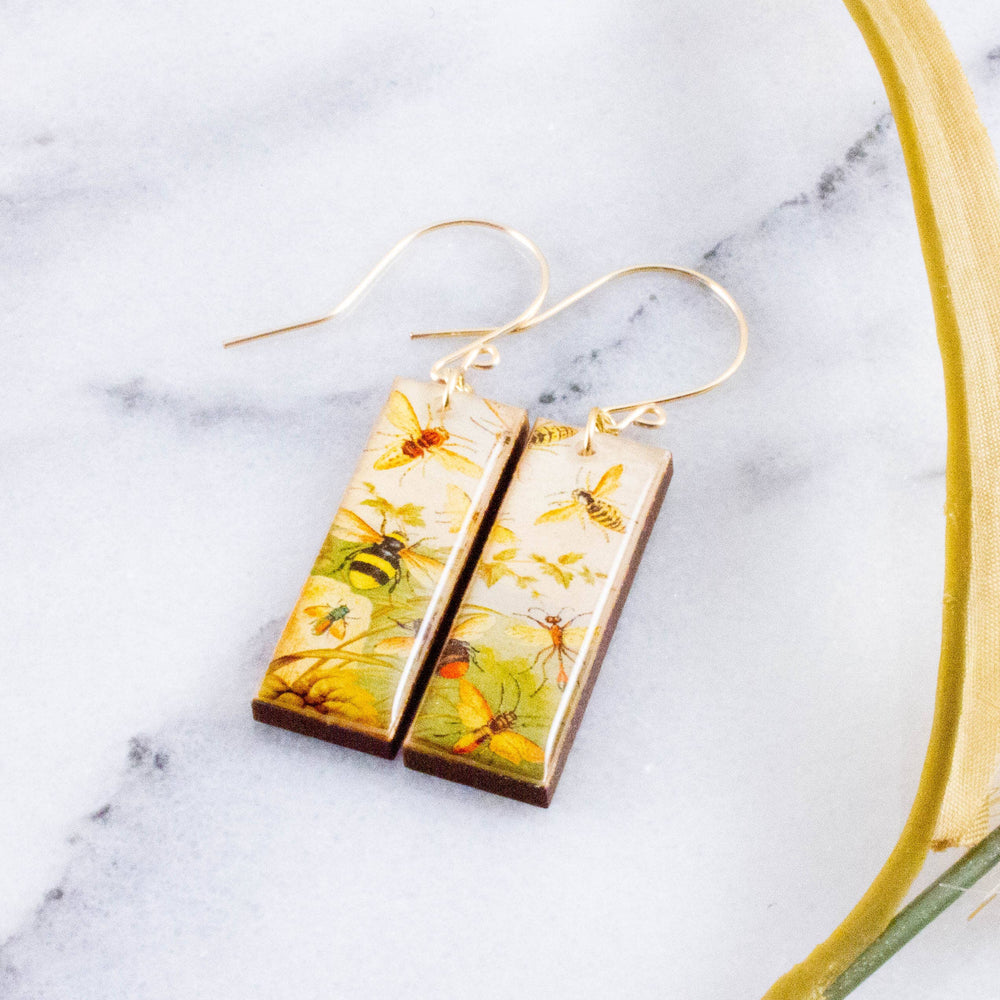 Vintage Golden Bees rectangle wooden earrings with botanical bee illustrations and gold-filled ear wires
