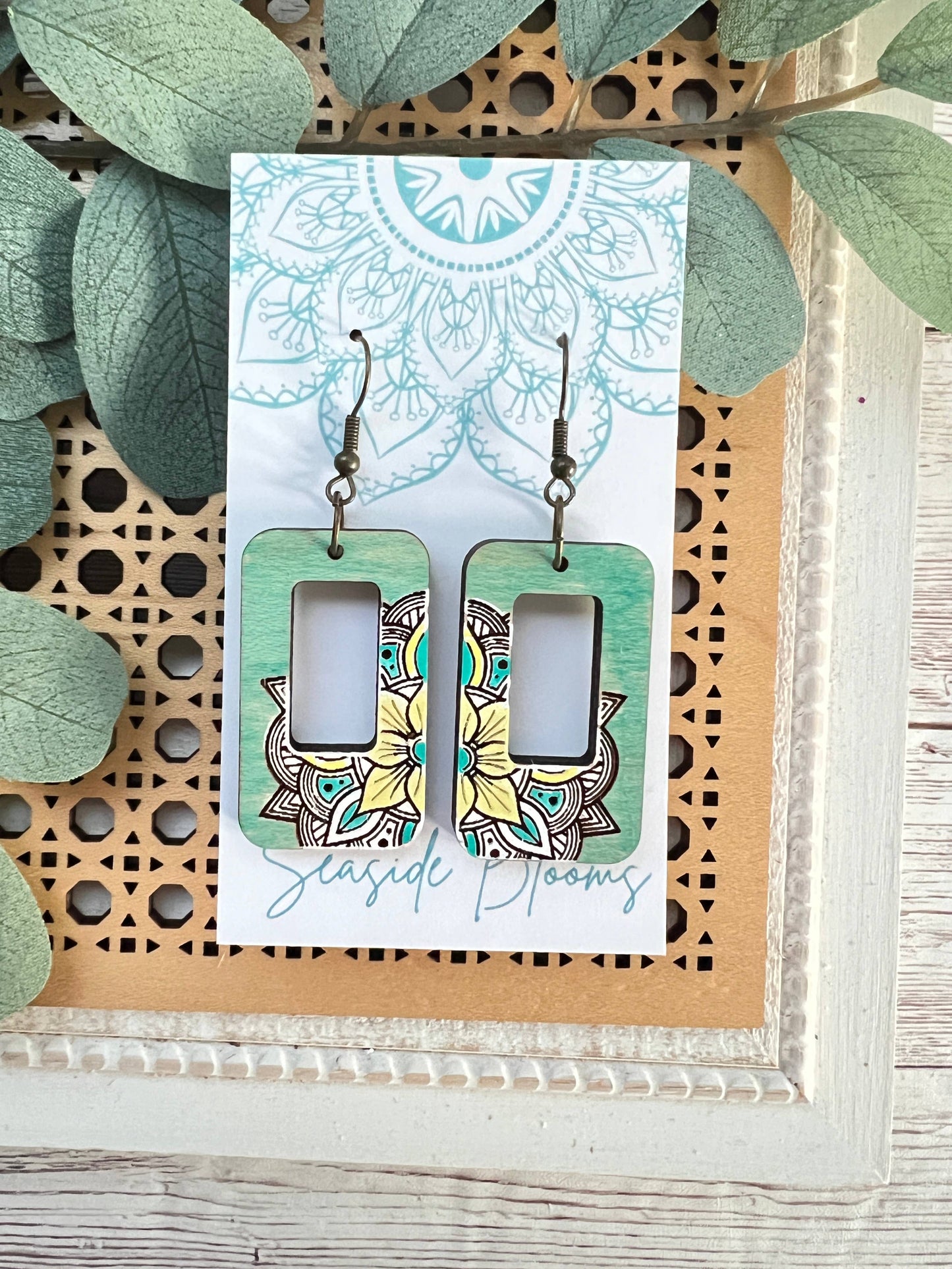 Wooden Earrings - Rectangle Aqua & Yellow Mandala