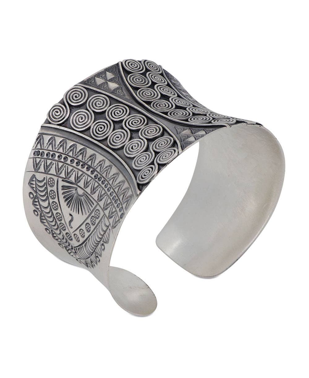 Hilltribe Silver Swirly Design Wide Cuff Bracelet