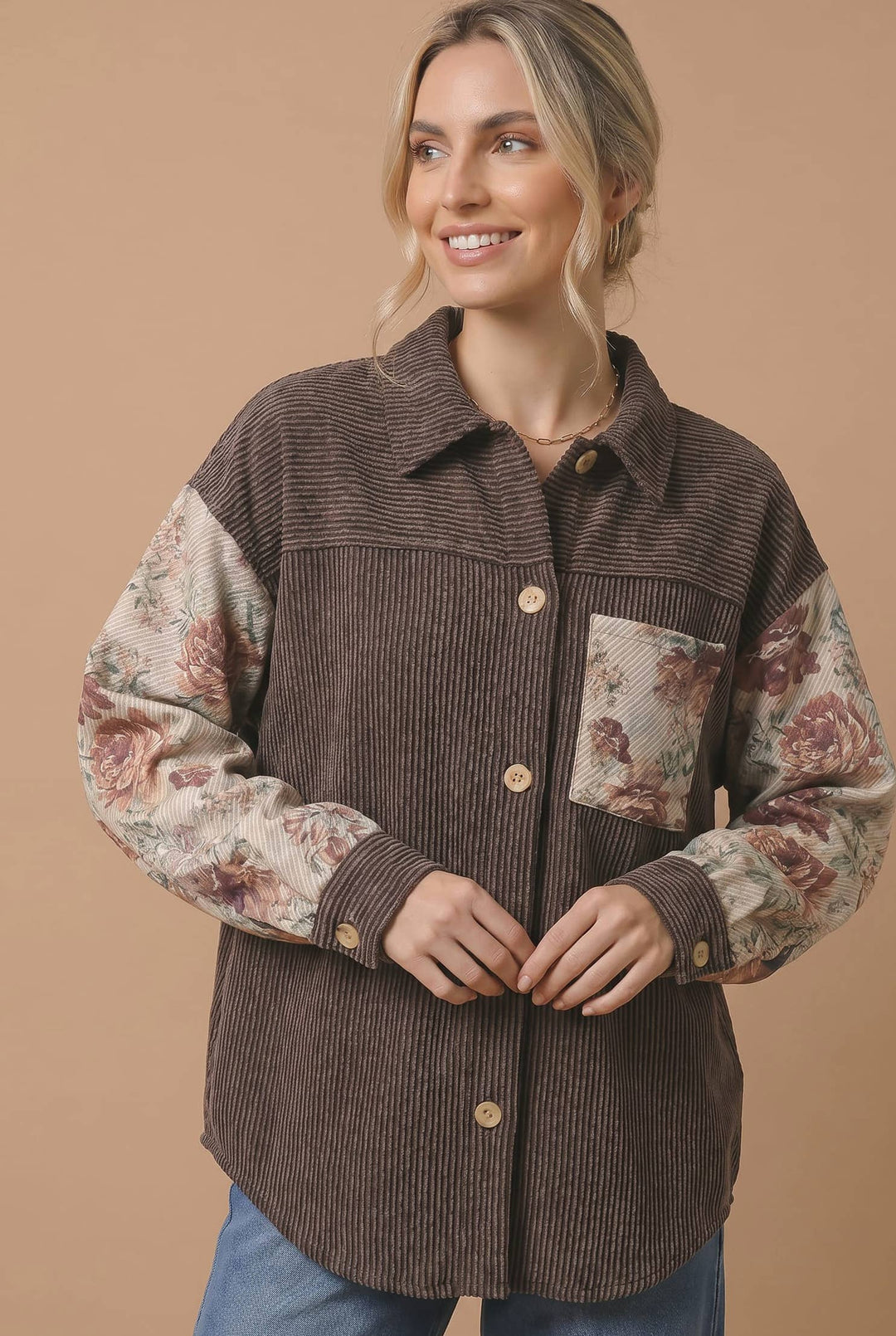 Floral Wave Rib Knit Color Block Shirt