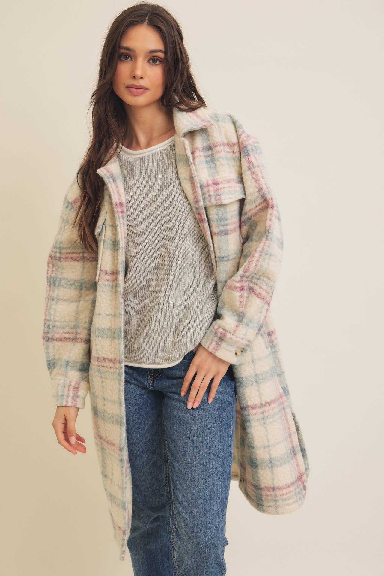 WESTERN PLAID BOUCLE OVERSIZED SHACKET WITH POCKETS