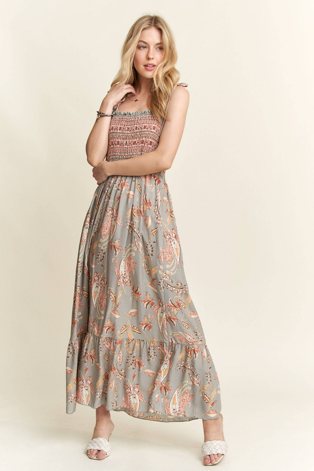 Boho maxi dress with paisley print and smocked bodice