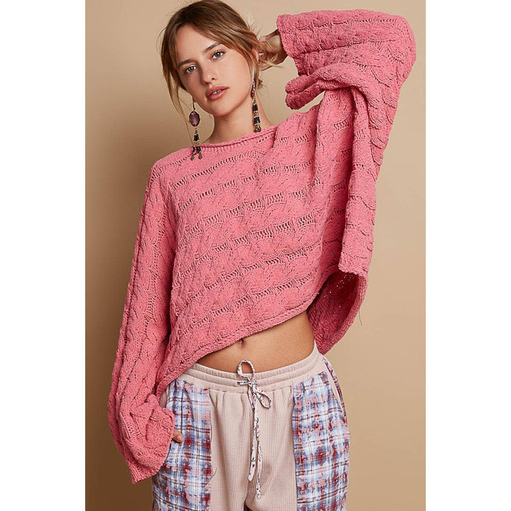 Round neck semi cropped knitted solid sweater