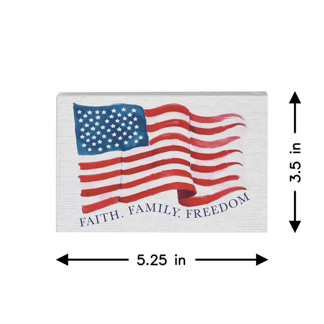 American flag patch with 'Faith. Family. Freedom' text and dimensions on a white background