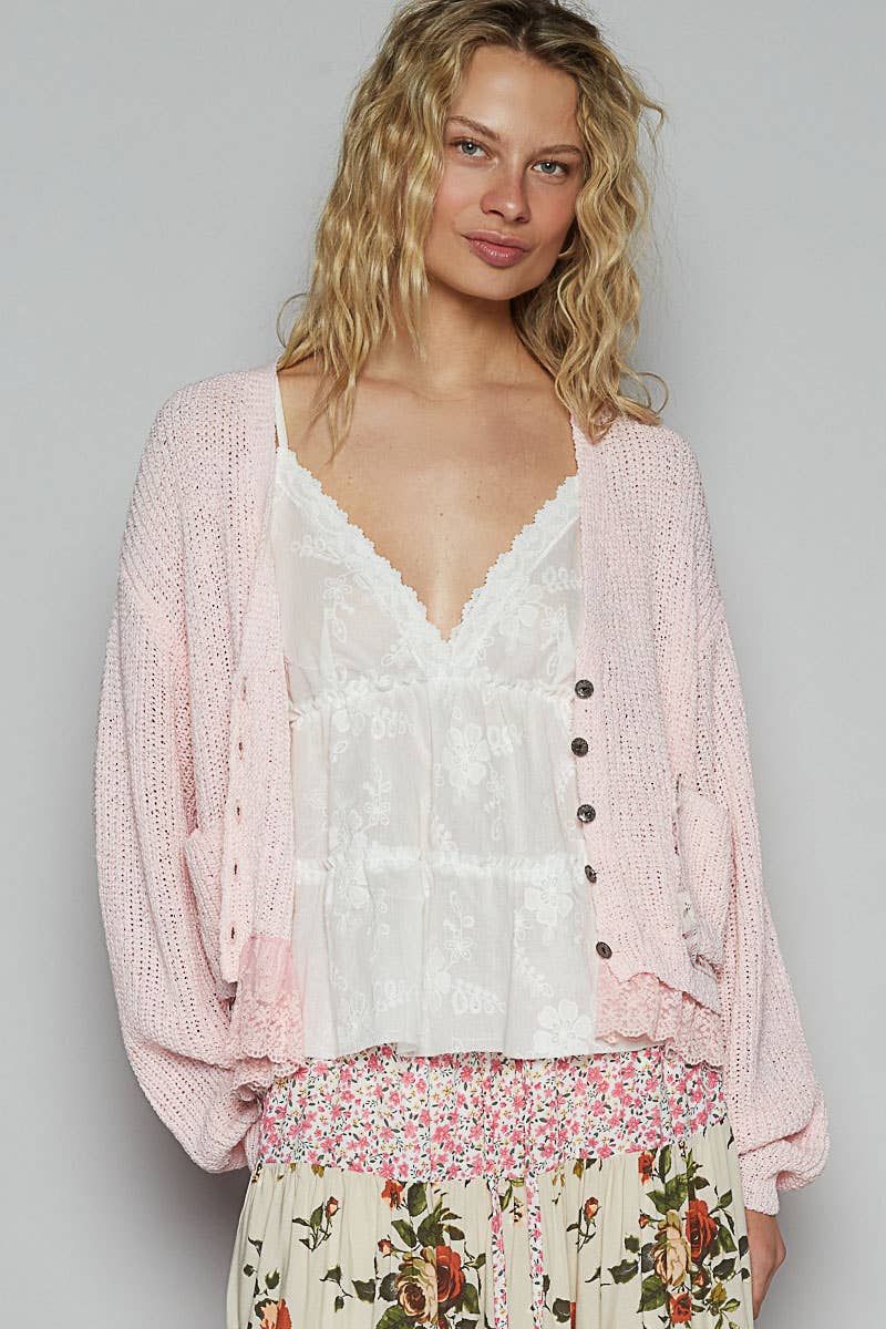 V-neck lace ruffle solid thin sweater cardigan