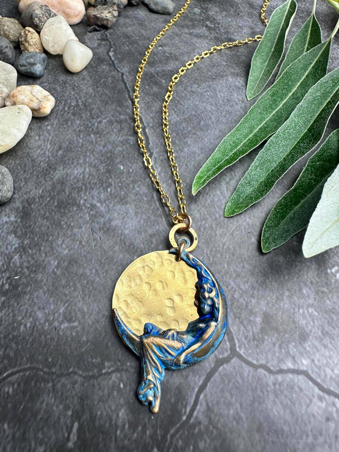Moon Goddess Necklace, Celestial Brass Pendant with Blue Pat