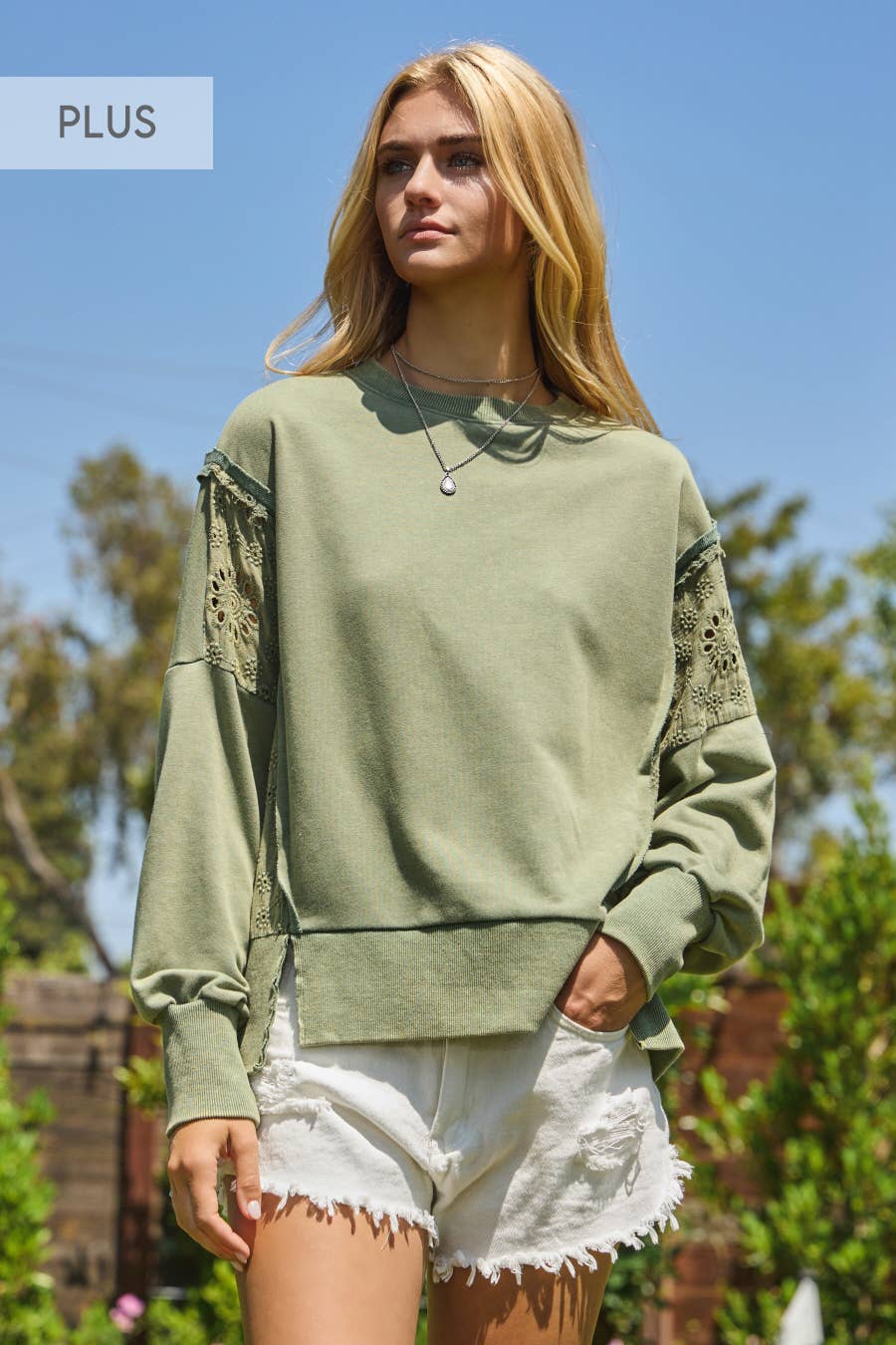 Plus Acid Washed Eyelet Lace Sweatshirt