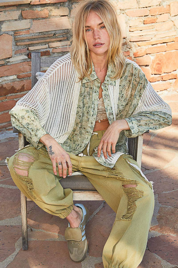 Vintage Olive Floral Button-Up Top with Cream Mesh Panel Accents