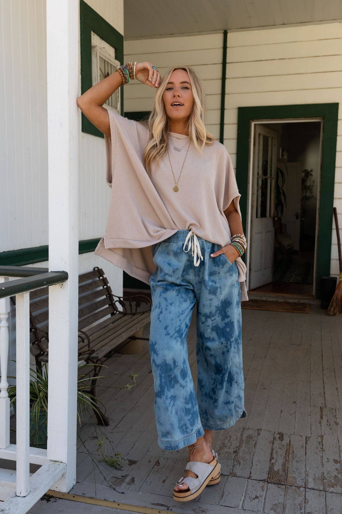 So Comfy Wide Leg Cropped Pant - Bleach Dye Denim