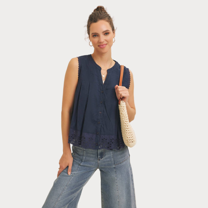 Eyelet Sleeveless Blouse | Button-Front Tank Top