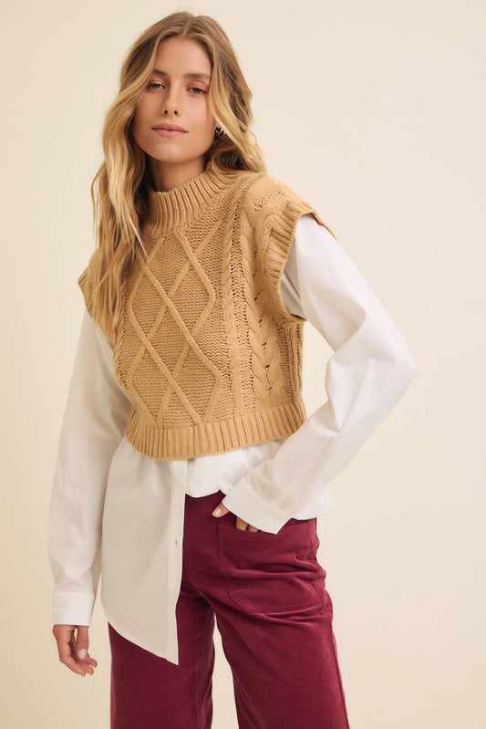 MOCK NECK SWEATER WITH CONTRAST BUTTON-DOWN SHIRT