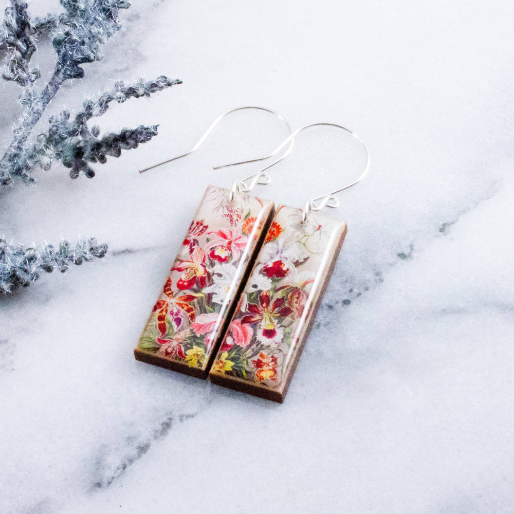 Vintage botanical iris rectangle wooden earrings with pink burgundy and cream floral artwork and sterling silver ear wires