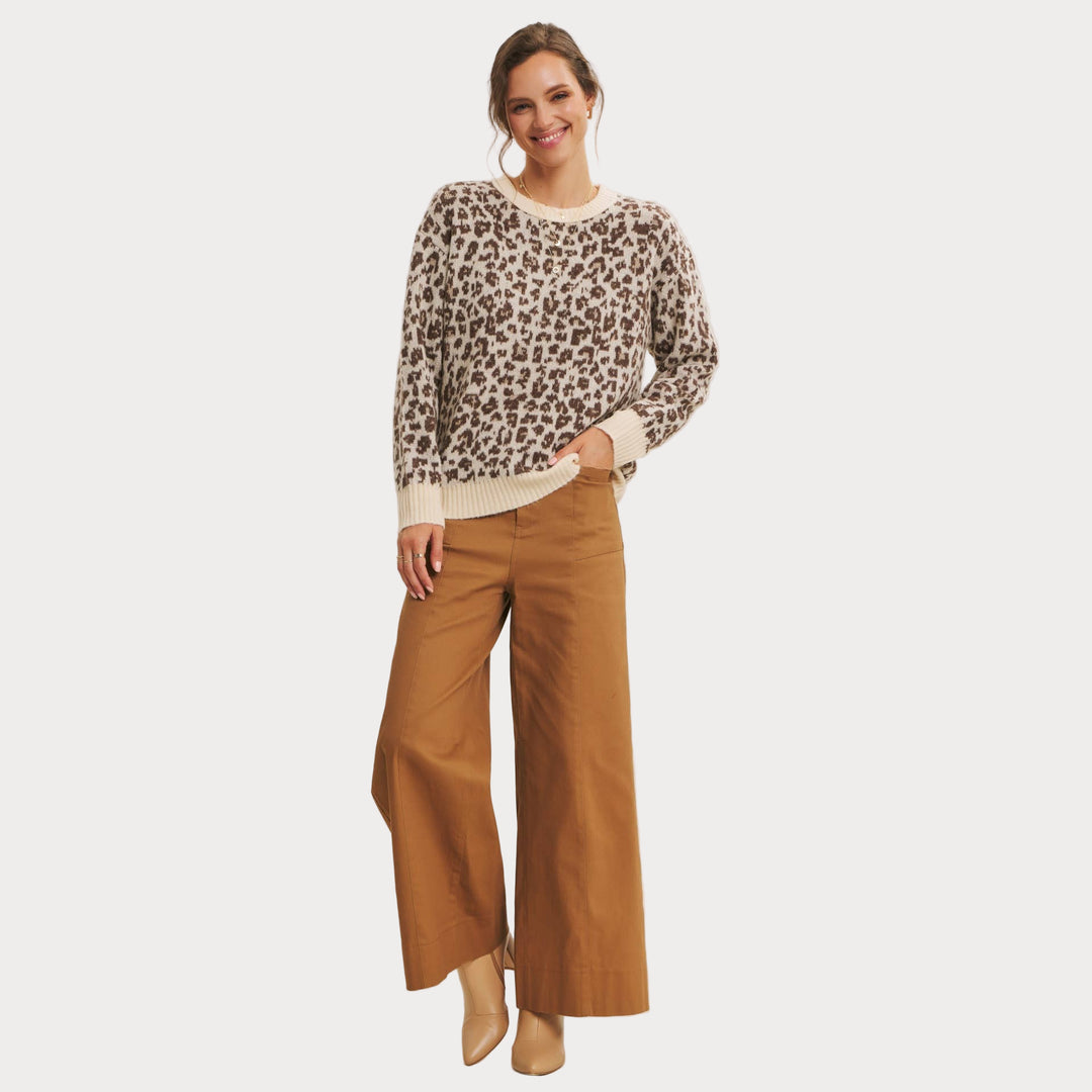 Leopard Print Crewneck Sweater | Cozy Animal Print Knit