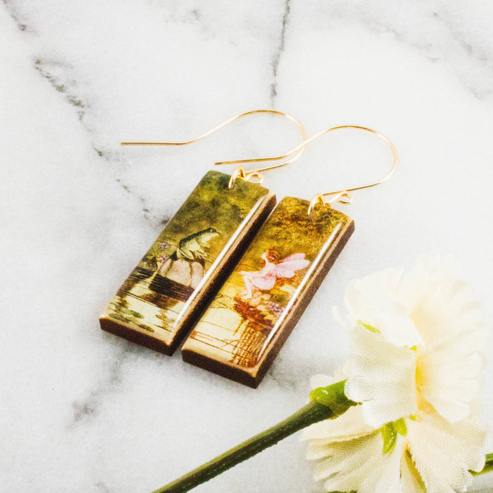 Frog and fairy vintage rectangle wooden earrings with botanical artwork and gold-filled ear wires