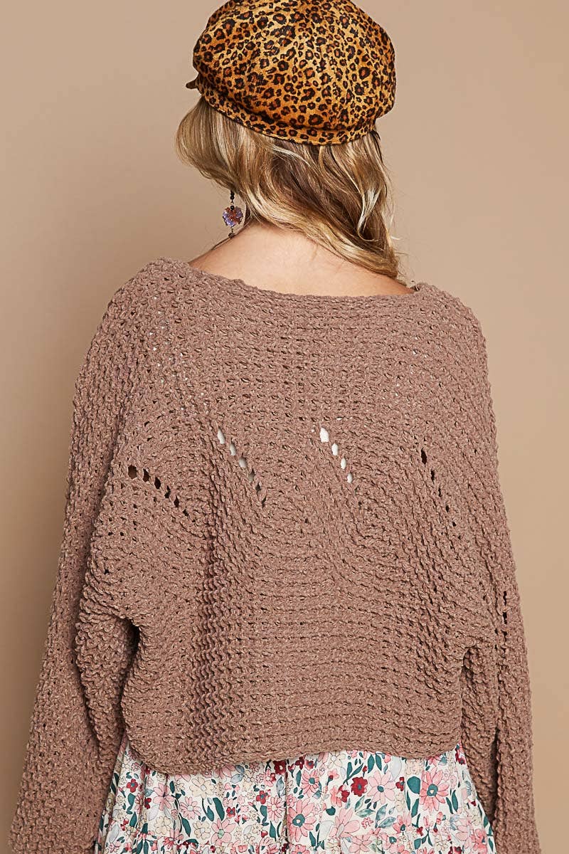 Round neck semi cropped chenille solid sweater SALE