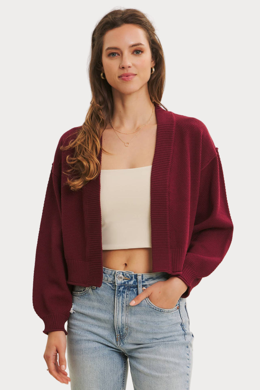 Waffle Knit Balloon Sleeve Cardigan Cropped Sweater – Fern and