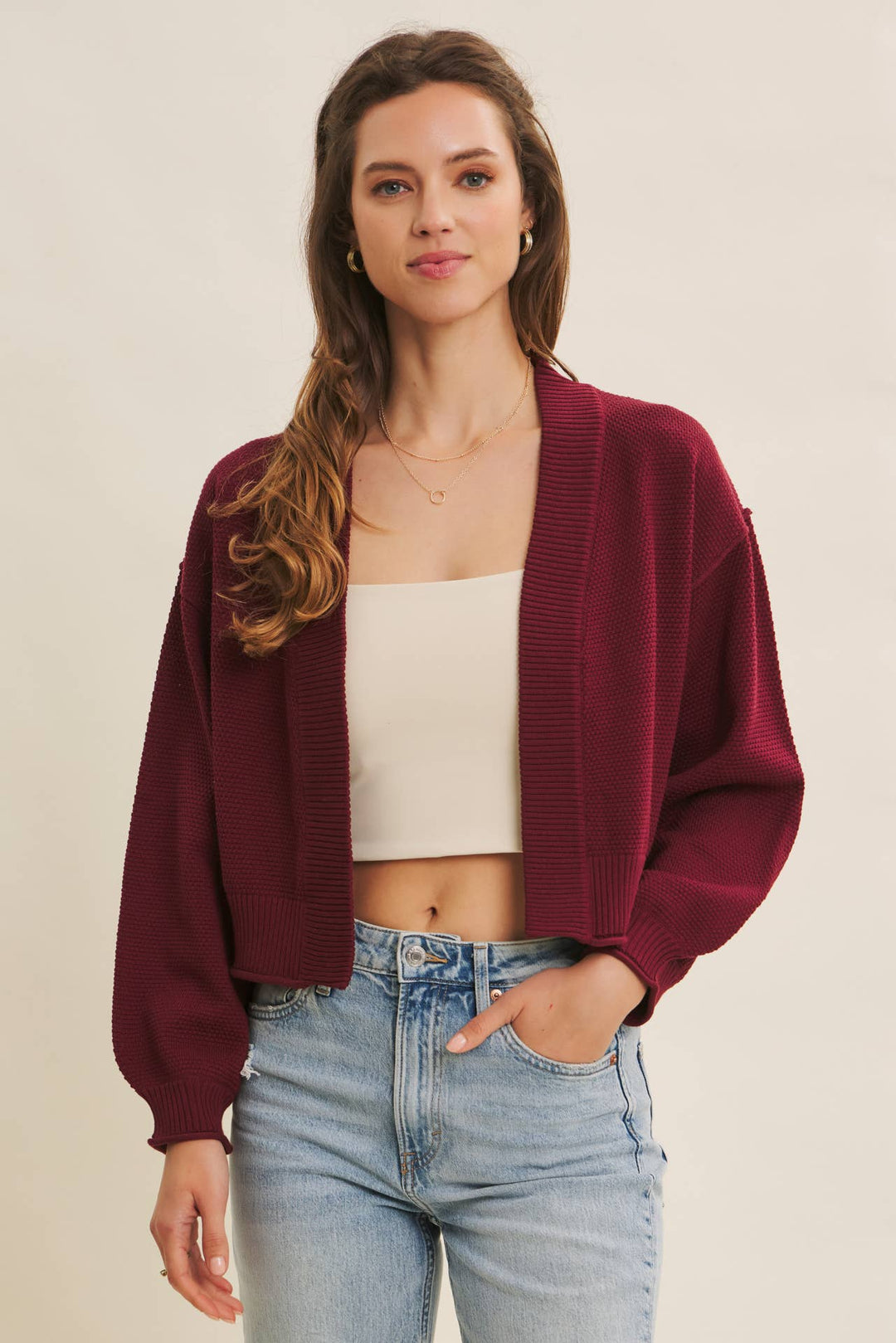 Waffle Knit Balloon Sleeve Cardigan | Cropped Sweater