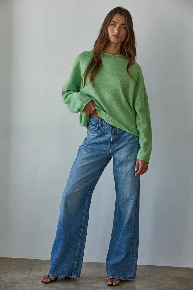 W2114 | Knit Sweater Rolled Round Neck Pullover Top