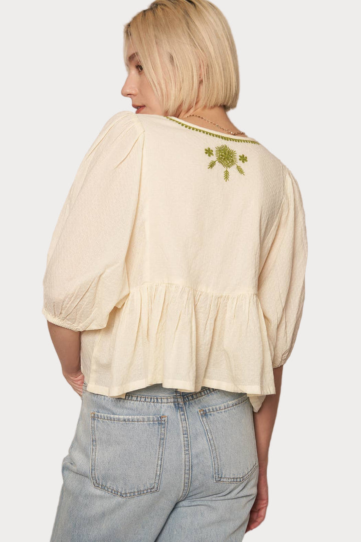 Boho Embroidered Peplum Top | Cream & Green Tie-Neck Blouse