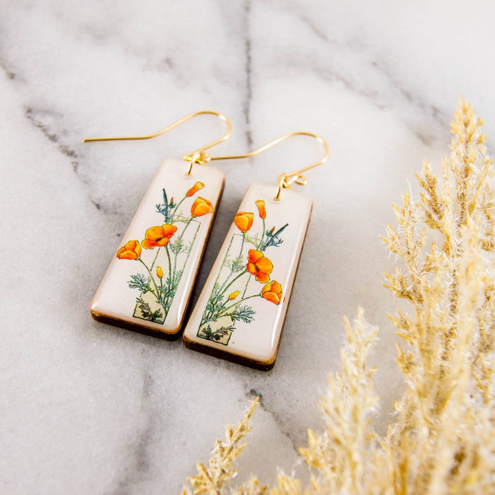 Art Deco California poppy floral wood earrings with orange flowers and gold-filled ear wires