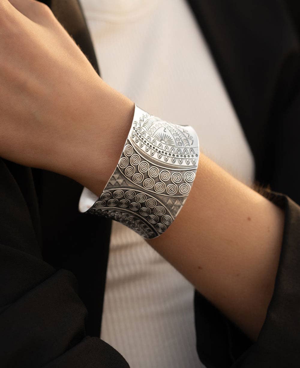 Hilltribe Silver Swirly Design Wide Cuff Bracelet