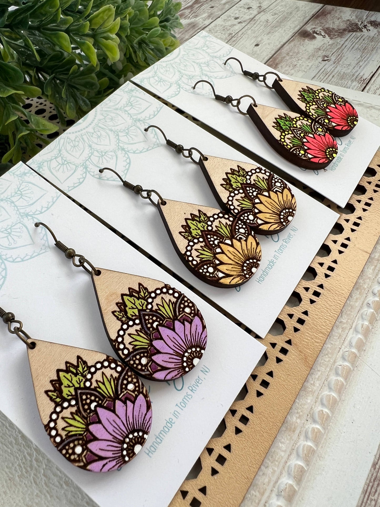 Wooden Earrings - Sunflower Mandala - Blush Pink