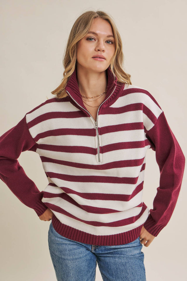 EVERGREEN DAYS CLASSIC HALF ZIP STRIPE PULLOVER SWEATER