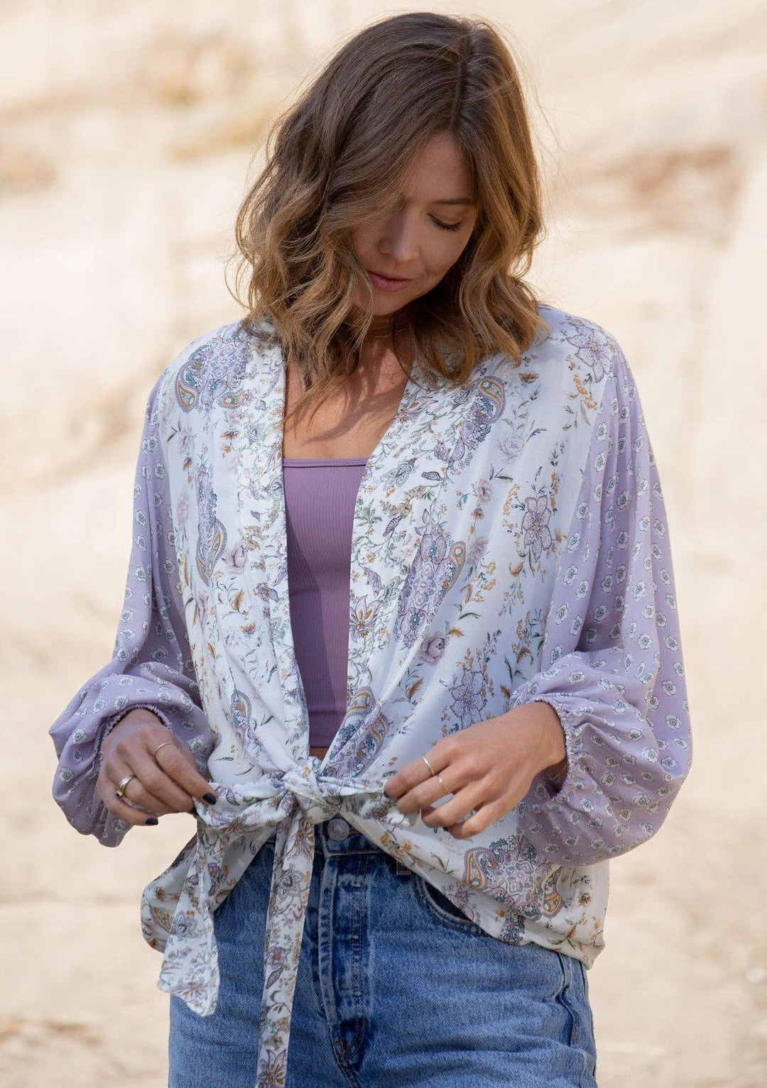 Floral Dolman Sleeve Tie Front Kimono Top
