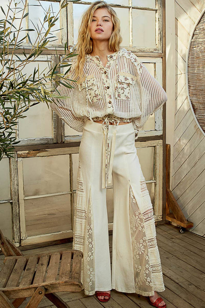 Boho Chic Lilac Mesh Button-Up Top with Floral Patchwork Detail