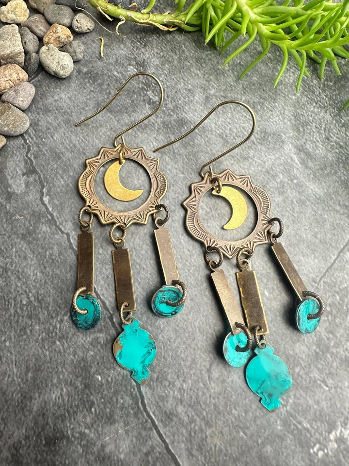 Celestial Moon Earrings Turquoise Patina Brass Chandelier Da
