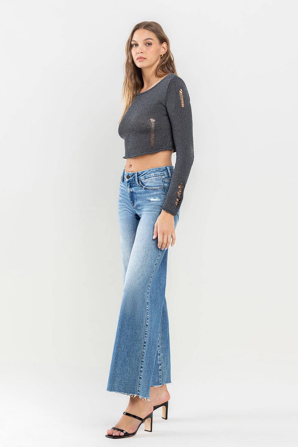 Olivia - Mid Rise Clean Cut Raw Hem Wide Jeans