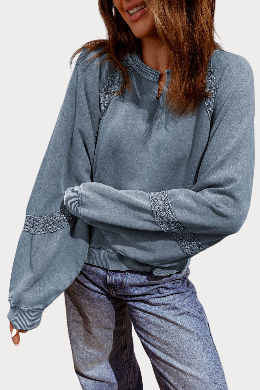 Aapparella Vintage Blue Lace Trim Sweatshirt tops styled in a cozy everyday look