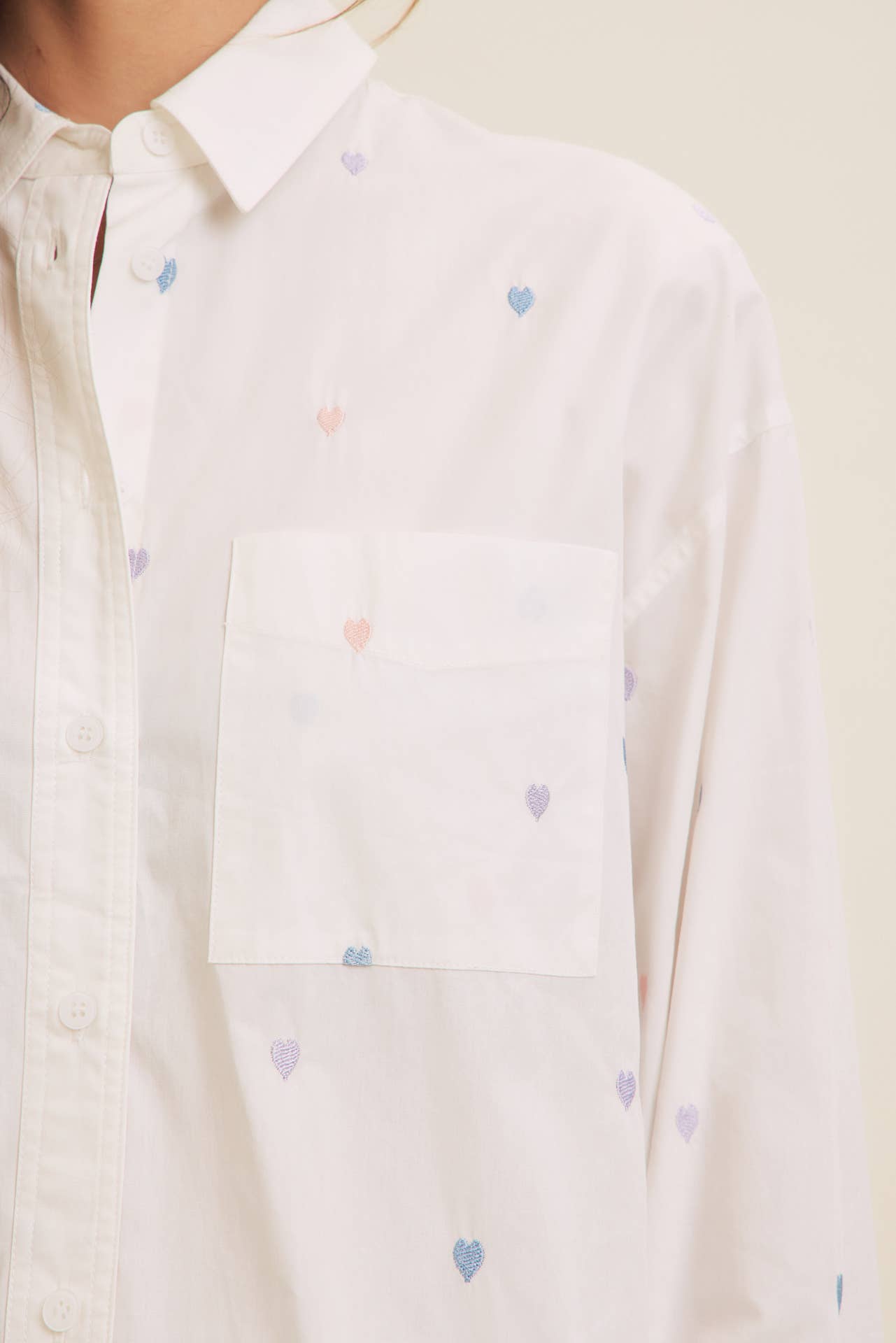 FULL OF HEARTS EMBROIDERY BUTTON DOWN LONG-SLEEVED SHIRT