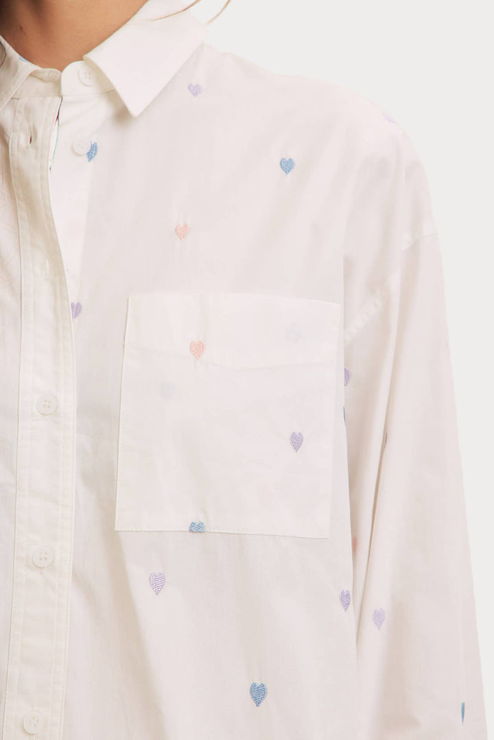 Heart Embroidered Button-Down Shirt | White with Pastel Details