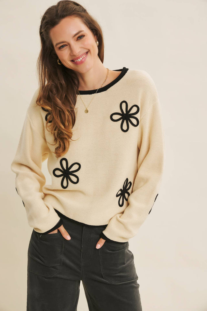 Contrast Floral Appliqué Sweater