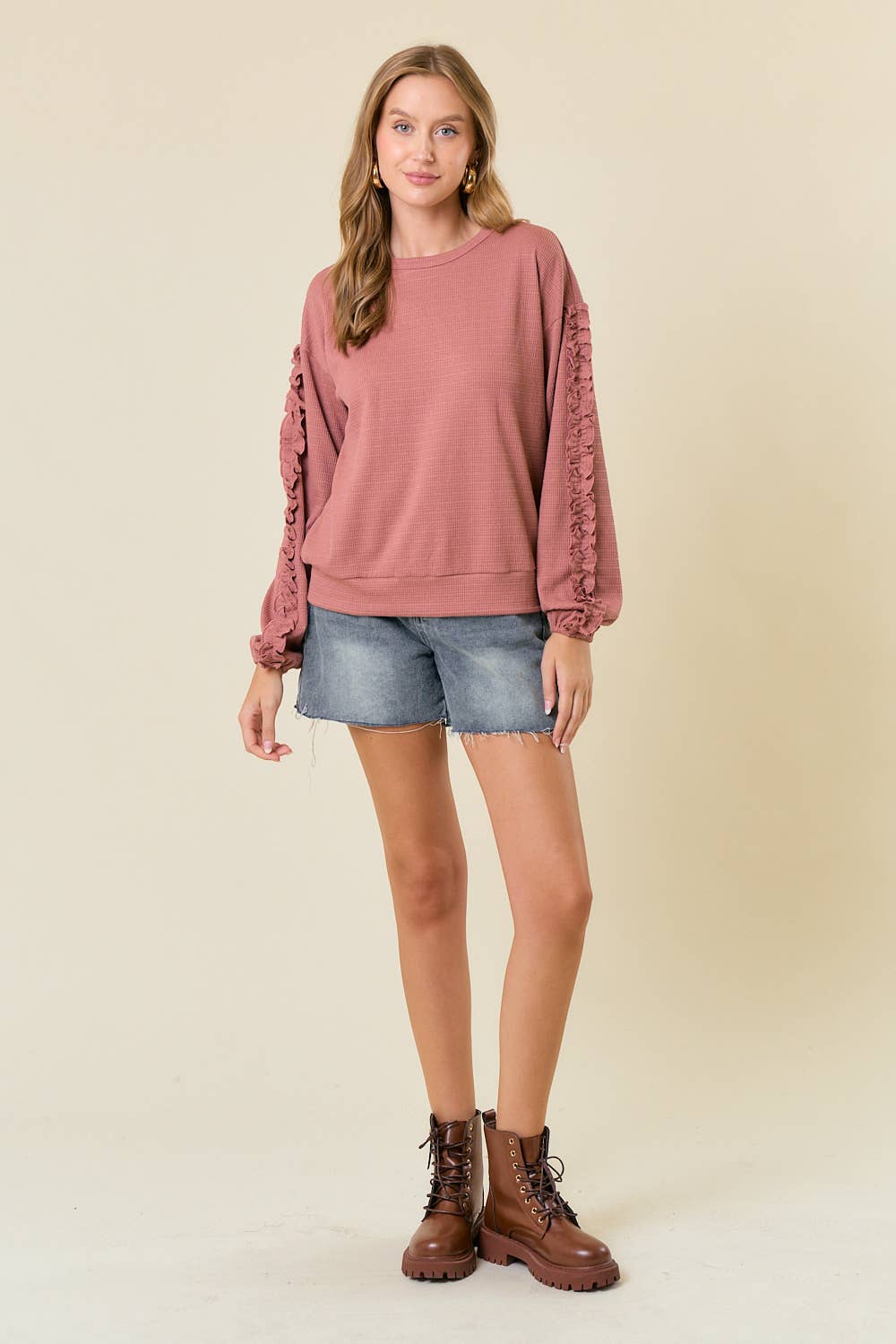 Textured Knit Round Neck Ruffled Long Sleeve Top