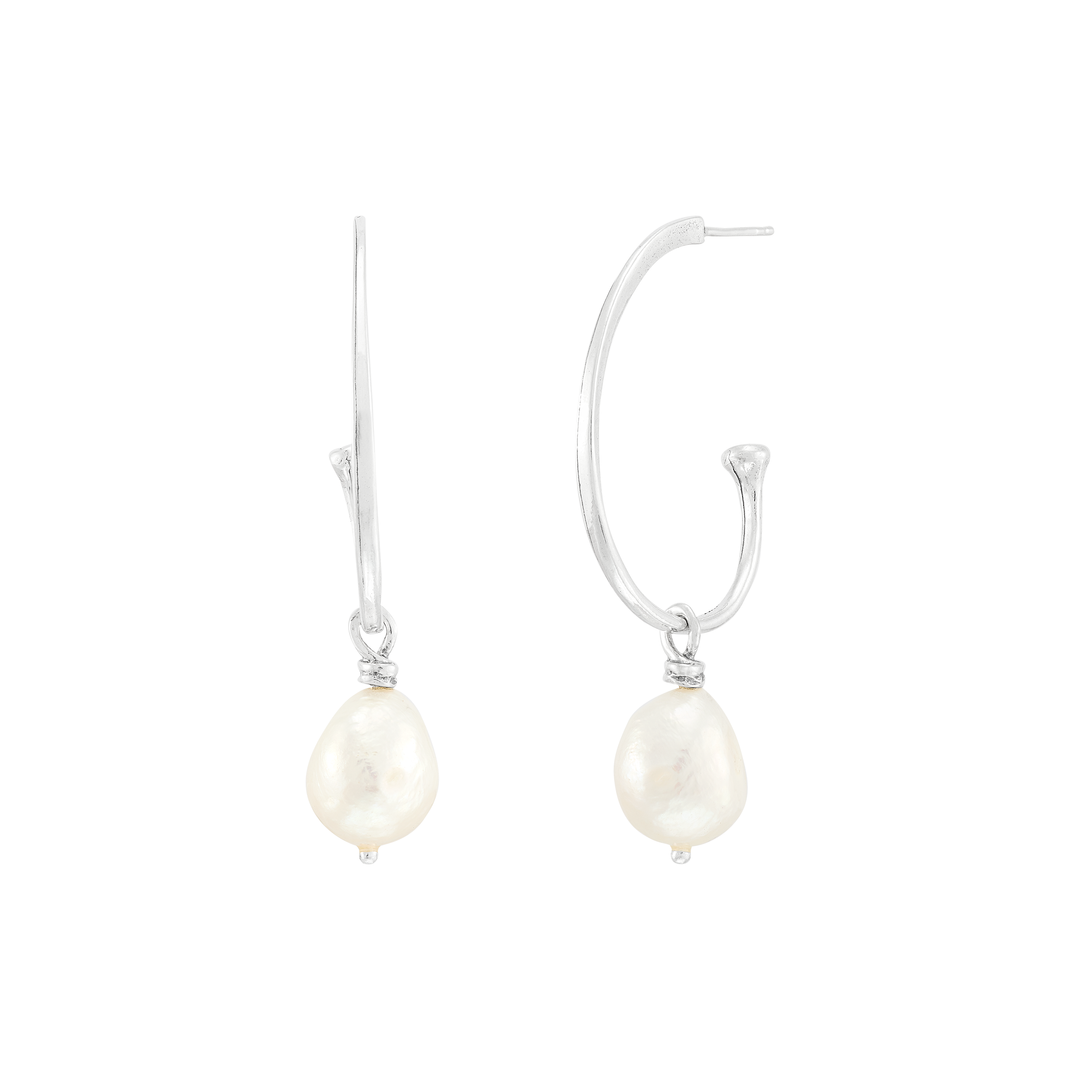 'Radiating' Silver Freshwater Pearl J-Hoop Earrings
