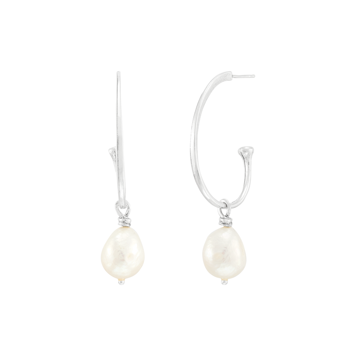'Radiating' Silver Freshwater Pearl J-Hoop Earrings