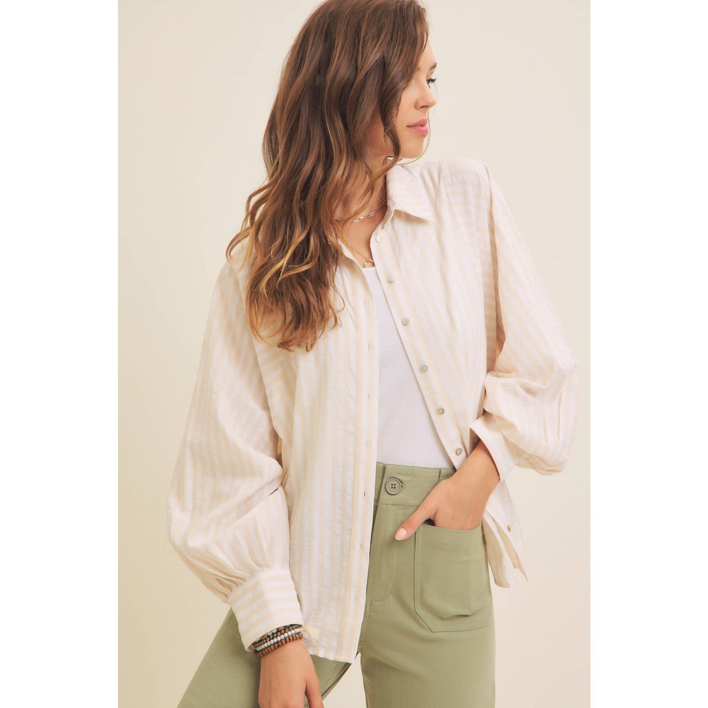 VOLUMINOUS SLEEVED BUTTON-DOWN COTTON STRIPE SHIRT