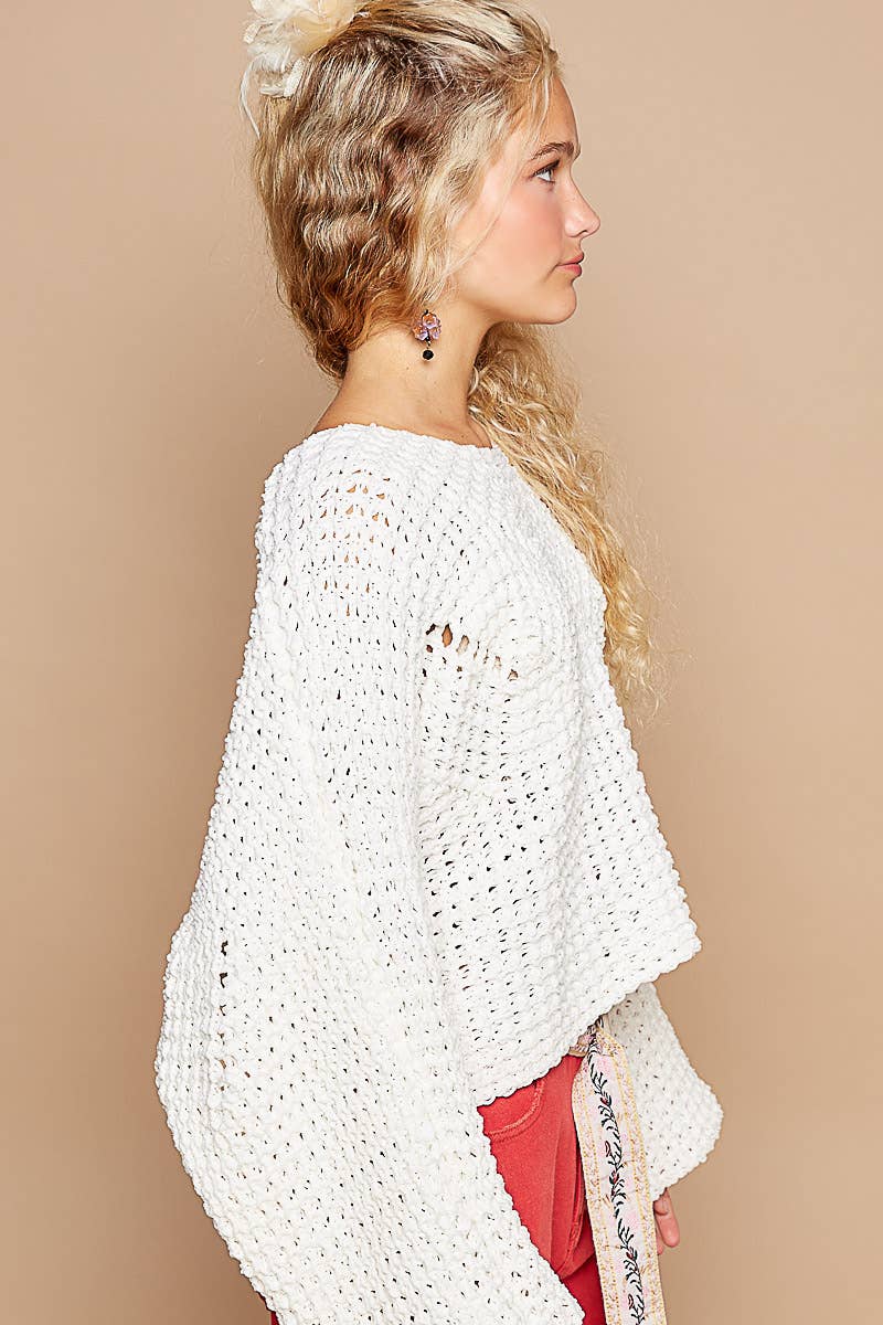 Round neck semi cropped chenille solid sweater SALE