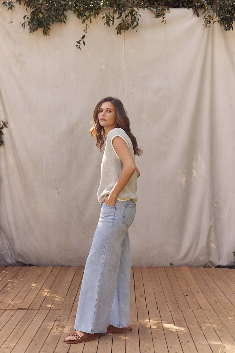 WIDE LEG DENIM PANTS WITH ELASTIC WAISTBAND