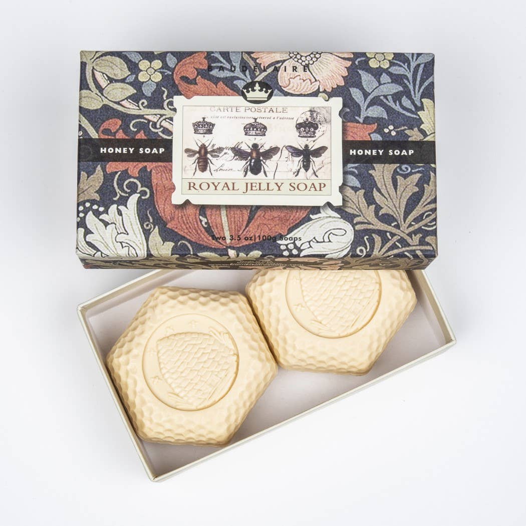 royal jelly honey soap gift box with two hexagon bars and floral packaging
