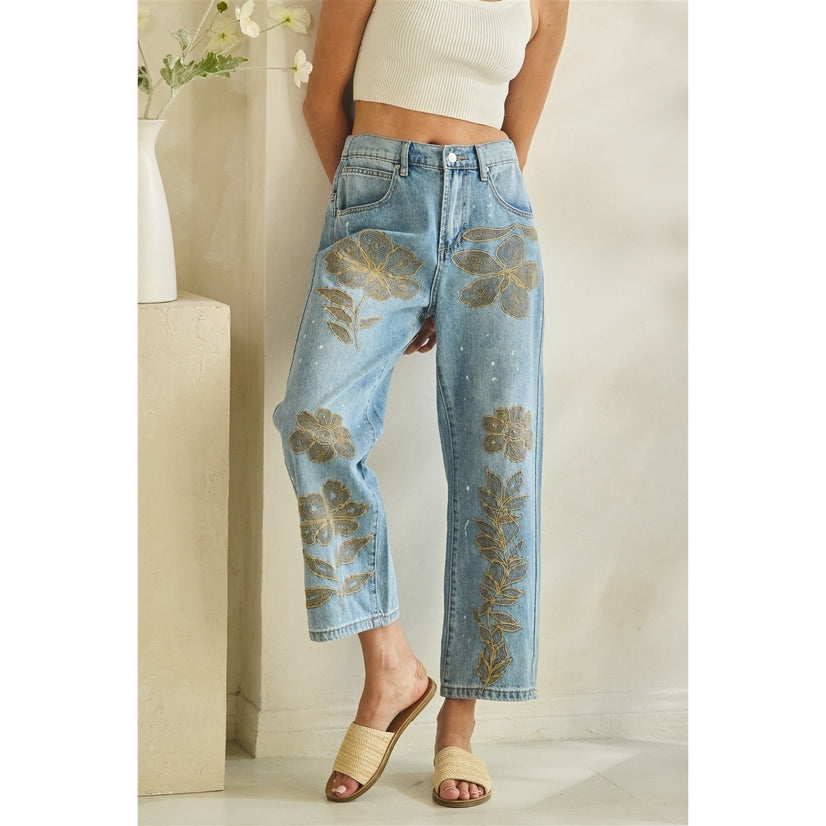 gold floral embroidered vintage straight jeans relaxed statement denim boutique style