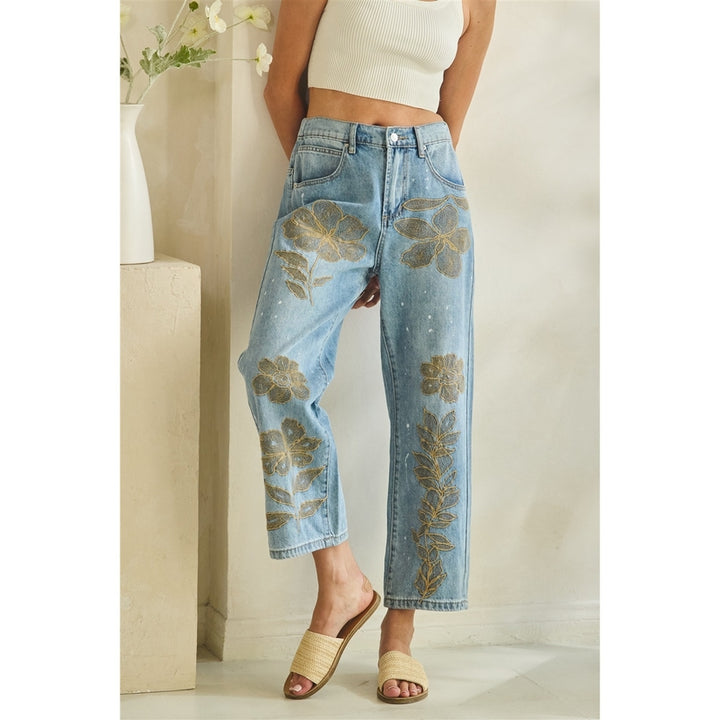 gold floral embroidered vintage straight jeans relaxed statement denim boutique style