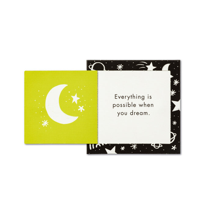 Pop open card with celestial designs and motivational text on a white background