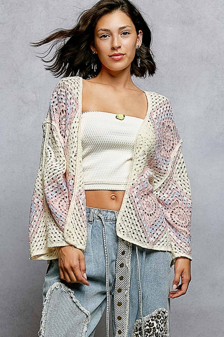 Crochet granny square cardigan with open front and relaxed fit